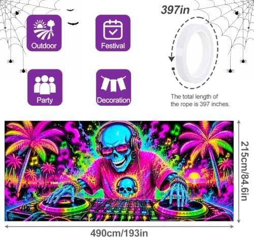 7x16FT Halloween Neon Skull DJ Garage Door Banner UV Reactive Fluorescent Skeleton DJ Garage Door Cover Decoration for Hallowen Decoration - Image 4
