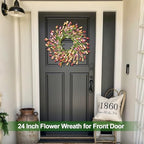 24" Spring Wreaths for Front Door Not Withering Artificial Floral Wreath with Wildflowers Summer Decorations for Indoor Outdoor Window Wall Farmhouse Porch Easter Home Decor Red Orange Purple - Image 2