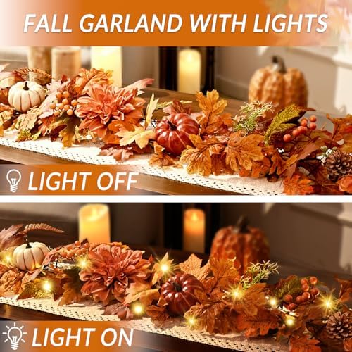 2 Pcs Fall Garland for Mantle, 6 FT Fall Garland with Lights - Image 6
