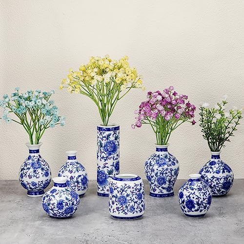 Dandat 8 Pcs Small Blue and White Ceramic Vase, Chinoiserie Floral,Vintage by Dandat
