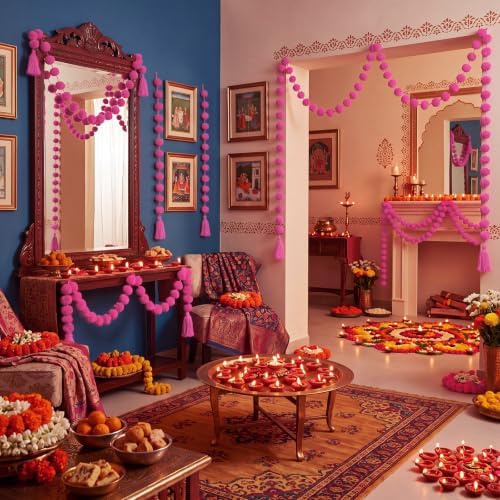 Yalikop 10 Pcs Pom Pom Garland 5 ft Diwali Party, Pink - Image 5