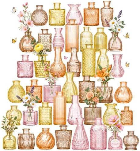 42 Pcs Colored Glass Bud Vases in Bulk, Small Flower Vases for Centerpieces Table Decorations, Mini Vintage Colored Glass Bottles, Wedding, Baby Shower, Home Decor (Orange Yellow Series, 42 PCS) by OGEH