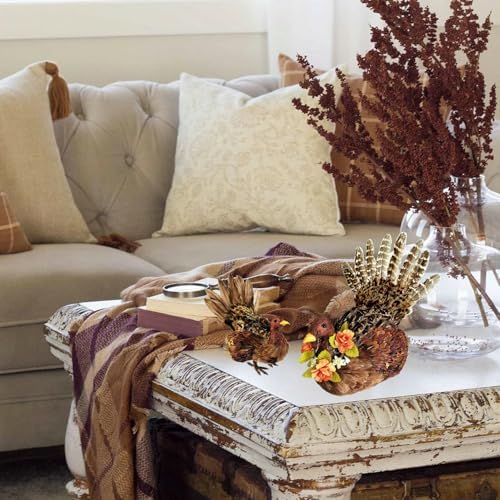 naturevibe 10/6.5 Inch Set of 2 Thanksgiving Feathered Turkey Decorations - Image 4