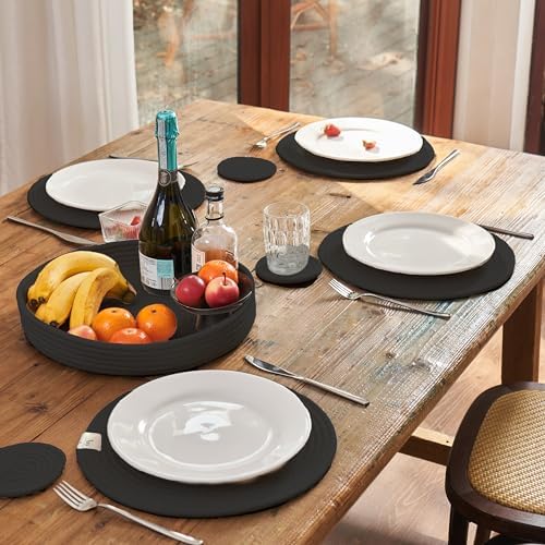9-Piece Round Cotton Rope Placemats, Coasters & Holder, Black - Image 2