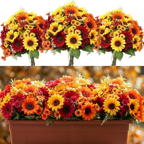 Yinder 12 Bundles Fall Artificial Flowers Bouquet 6 Silk Sunflowers and 6 Faux Chamomile Flowers Orange Yellow Burgundy Autumn Floral Arrangement for Vase Thanksgiving Table Centerpieces Home Decor by Yinder