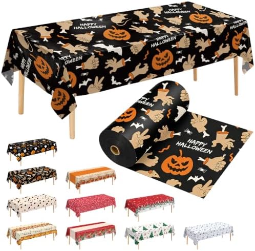 54 Inch X 300 Feet Plastic Table Cover Roll Disposable Halloween Tablecloth Pumpkin Ghost Hand Plistic Table Covers for Halloween Party Decorations (Pumpkin Ghost Hand, 300 Feet) by JHDZDHY