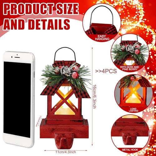 Therwen 2 Pcs Christmas Stocking Holders Lantern, LED, Classic, Red - Image 2