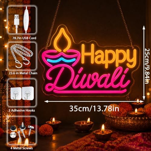 Happy Diwali Neon Sign, USB LED Diya Light, Diwali Decorations for Home - Image 2