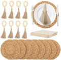 24 PCS Round Woven Placemats Set, 8 Boho Rattan Tablemats 13" Natural Water Hyacinth Farmhouse Place Mats with 8 Napkin, 8 Wooden Beads Napkin Ring for Kitchen Dining Table Decor Wedding Christmas by Heytimi