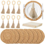 24 PCS Round Woven Placemats Set, 8 Boho Rattan Tablemats 13" Natural Water Hyacinth Farmhouse Place Mats with 8 Napkin, 8 Wooden Beads Napkin Ring for Kitchen Dining Table Decor Wedding Christmas by Heytimi