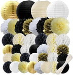 WOLHOWLTD Black Gold White Paper Decoration Set - 40Pcs Paper Lanterns, Pompoms, Honeycomb for Wedding,Retirement, Birthday, Graduation, Engagement,New Year Home Decoration(Gold Black Beige White) by Unknown