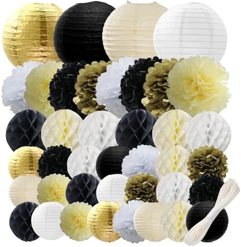 WOLHOWLTD Black Gold White Paper Decoration Set - 40Pcs Paper Lanterns, Pompoms, Honeycomb for Wedding,Retirement, Birthday, Graduation, Engagement,New Year Home Decoration(Gold Black Beige White) by Unknown