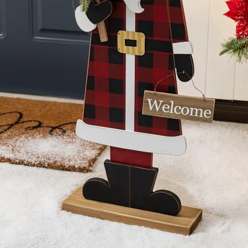 Glitzhome 36''H Lighted Wooden Africa Santa Porch Decor with Timer & LED Lights, Christmas Standing Santa Porch Sign Decor with Xmas Tree and Welcome Plaques for Front Door Outdoor Decor - Image 7
