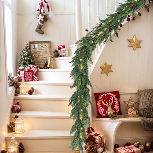 6ft Realistic Christmas Garland with LED Lights Artificial Cedar Cypress Garland with Pine Cones Garland for Home Fireplace Wall Indoor Outdoor Holiday Party Decoration-8 Lighting Modes - Image 5