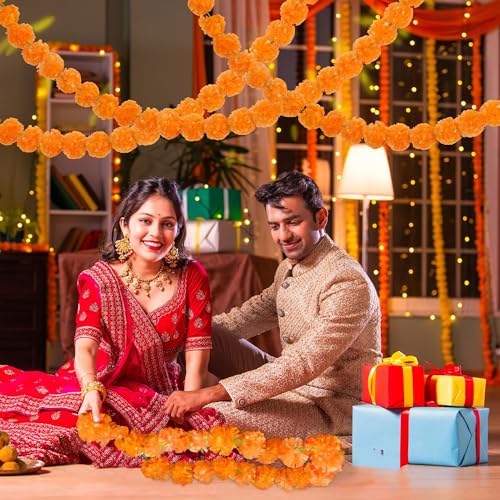 Fovths 11 Pieces 5 Feet Long Marigold Garland Bulk Light Orange Indian American Wedding Party Mantel Decoration Long Strands Artificial Dia De Los Muertos Decor for Pooja, Altar Faux Garland, Diwali - Image 6