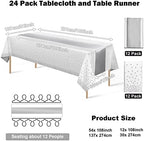 MASHAN 24Pack Disposable Plastic Tablecloths and Satin Table Runner Set White and Silver Dot Tablecloth Silver Satin Table Runner for Wedding Birthday Baby Shower Christmas New Year Party Decorations - Image 2