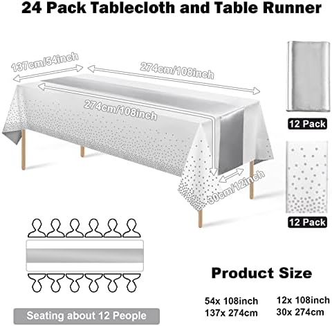 MASHAN 24Pack Disposable Plastic Tablecloths and Satin Table Runner Set White and Silver Dot Tablecloth Silver Satin Table Runner for Wedding Birthday Baby Shower Christmas New Year Party Decorations - Image 2