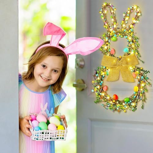 Easter Bunny Wreaths for Front Door with Lights, 24" Easter Green Rabbit Wreaths with Eggs,Twig and Berries,Bowknot, Spring Wreath for Decorations Home Farmhouse Outdoor Indoor Wall Mantel Window - Image 5
