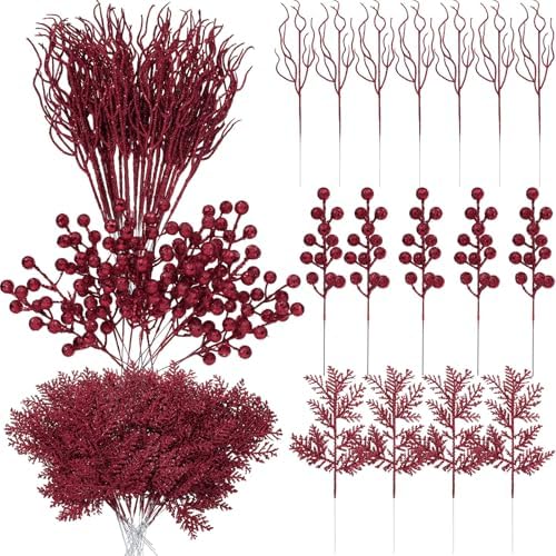 75 Pcs Christmas Glitter Tree Picks 3 Styles Berry Stems, Burgundy by Craftsatin