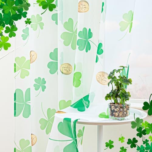 St. Patrick's Day Sheer Curtains for Living Room, Shamrock Clover Sheer Curtain, Rod Pocket Window Drapes Decorations for Bedroom and Home Decor, 2 Panels Green 52W x 84L - Image 7