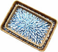 Set of 2 Rectangular Mother of Pearl & Rattan Trays - Artisanal Leaf Pattern Serving Trays for Dining & Dresser - Tropical Decorative Nesting Organizers for Living Room (Blue & White) by chicapica