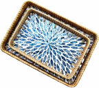 Set of 2 Rectangular Mother of Pearl & Rattan Trays - Artisanal Leaf Pattern Serving Trays for Dining & Dresser - Tropical Decorative Nesting Organizers for Living Room (Blue & White) by chicapica