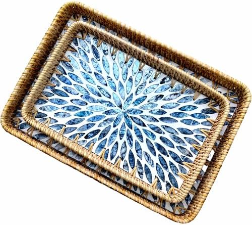 Set of 2 Rectangular Mother of Pearl & Rattan Trays - Artisanal Leaf Pattern Serving Trays for Dining & Dresser - Tropical Decorative Nesting Organizers for Living Room (Blue & White) by chicapica