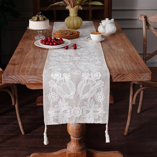 Embroidered Table Runner Boho Farmhouse Dresser Scarf, 14" x 112" - Image 3