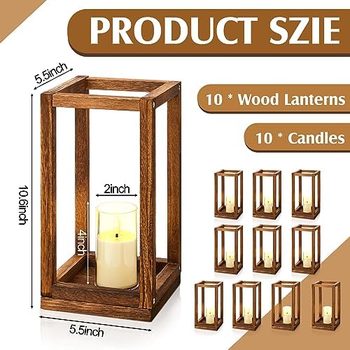 Sabary 10 Sets/ 20 Pcs Wooden Lantern Centerpieces with Candles, Caramel - Image 4