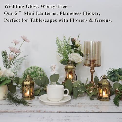 LLQ 12Pcs 5-Inch Ramadan Mini Lanterns - Ramadan & Eid Mubarak Decorations - Vintage Table Centerpieces for Wedding&Christmas Decor - LED Flickering Lantern Light for Hang Ornaments(Brushed Brass) - Image 6