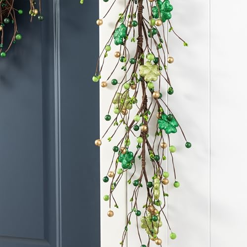 Glitzhome 6ft St. Patrick's Garland Decorations Shamrock Garland with Berry Picks for St. Patrick's Day Party Holiday Fireplace Mantel Front Door Table Decor - Image 3