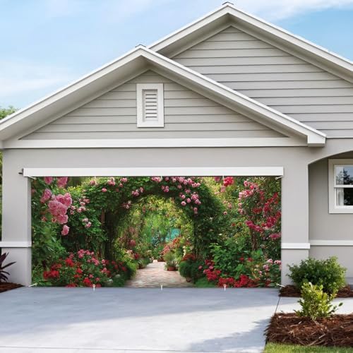 7 * 16FT Summer Garage Door Cover Decorations Sunset Palm Trees Garage Door Banner for Outdoor Indoor Summer Party Photography Backdrop (flower arch, 7 * 16 ft) - Image 7