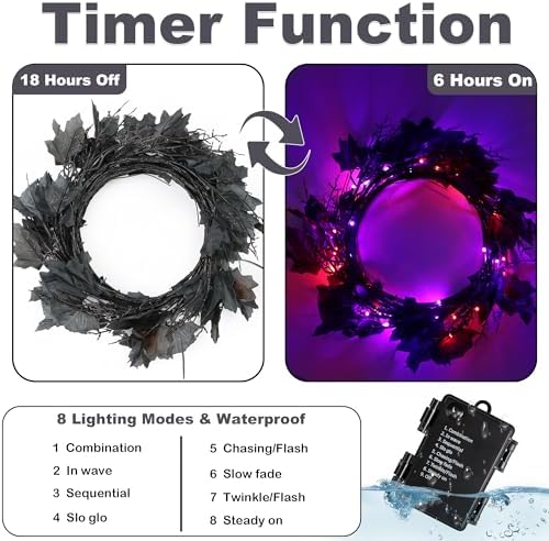9 FT 72 LED Willow Vine Twig Decor Black Halloween Garland with Orange & Purple Lights, 8 Modes & Timer Waterproof Battery Operated for Home Fireplace Mantle Wall Office Indoor Halloween Decorations - Image 4