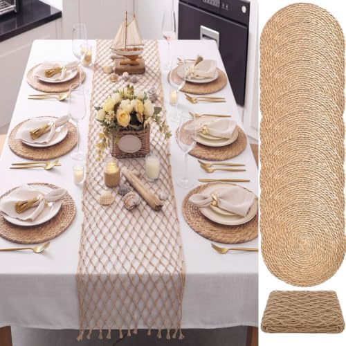 11 Pcs Fishnet Table Runner and Woven Jute Round Placemats Set by Ferrochef