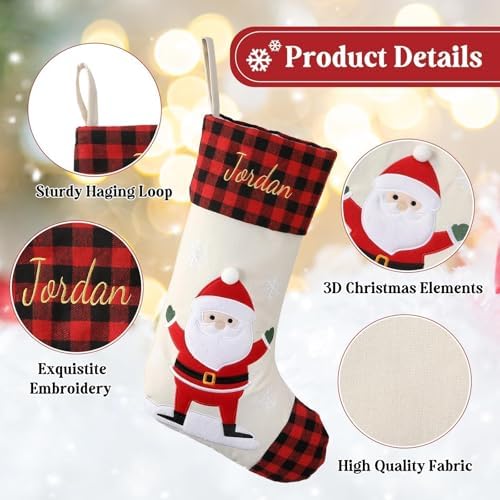 Personalized Christmas Stockings with Embroidered Name & Monogram,Custom 3D Xmas Character Stocking 5 Pack 18” Large,Santa,Snowman & Reindeer Fireplace Hanging Red Burlap Plaid Stockings(D) - Image 6