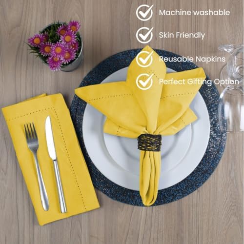 Hemstitch Cloth Dinner Napkins Cotton Set of 12 - Soft Durable Washable - Ideal for Farmhouse Parties Wedding Christmas Easter - Perfect Everyday Use Table Cloth Napkins 18x18 Yellow - Image 4