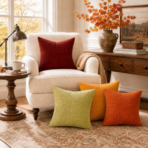 Topfinel Fall Burnt Orange Decorative Throw Pillows Covers 24x24,Soft Corduroy Square Throw Pillow Covers Set of 4,Western Farmhouse Cushion Cover for Couch Sofa Bedroom(Terracotta,Rust,Yellow) - Image 3