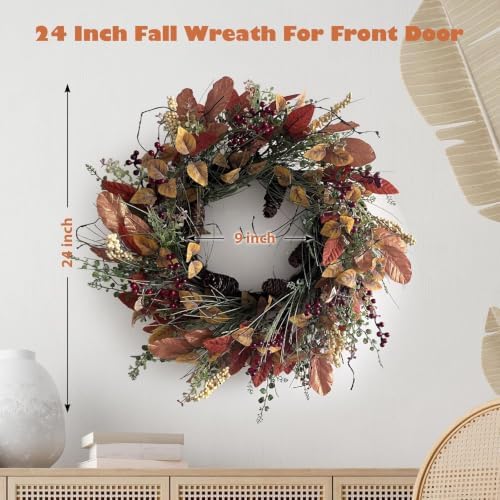 Fall Wreath for Front Door 24 inch Artificial Red Broad Leaves - Image 2