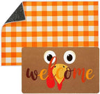 Tinideya 2 Pcs Thanksgiving Welcome Doormat 23x35 in Layered Buffalo Plaid Carpet Coquette Nonslip Fall Orange Turkey Bathroom Coir Mats for Entrance Porch Indoor Outside Home Decor Gift Supplies by Tinideya