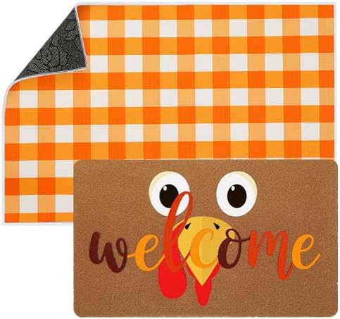 Tinideya 2 Pcs Thanksgiving Welcome Doormat 23x35 in Layered Buffalo Plaid Carpet Coquette Nonslip Fall Orange Turkey Bathroom Coir Mats for Entrance Porch Indoor Outside Home Decor Gift Supplies by Tinideya