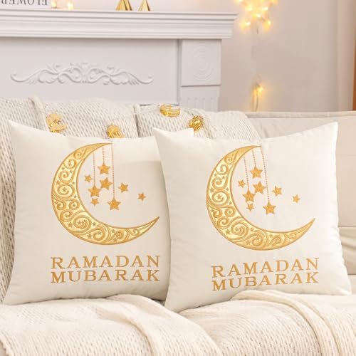 Ramadan Pillow Covers 18x18 inch Set of 2 Beige and Gold Velvet Throw Pillow Covers Ramadan Eid Mubarak Cushion Covers Moon and Star Decorations for Home Couch Sofa Outdoor - Image 5