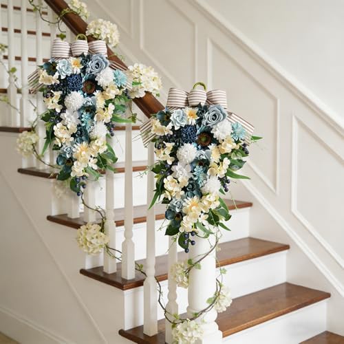 Idyllic 25 Inch Spring Blue Rose Door Hanging Artificial Floral Swag for Front Door Window Porch Stair Railing Spring Holiday Indoor Outdoor Home Decor - Image 5
