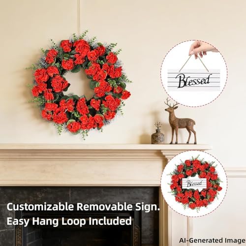 Red Artificial Geranium Wreath, 22 Inch Spring Summer Wreaths for Front Door with Blessed Hanging Sign, for Rustic Farmhouse Decor for Entryway, Porch, Balcony Decor - Image 7