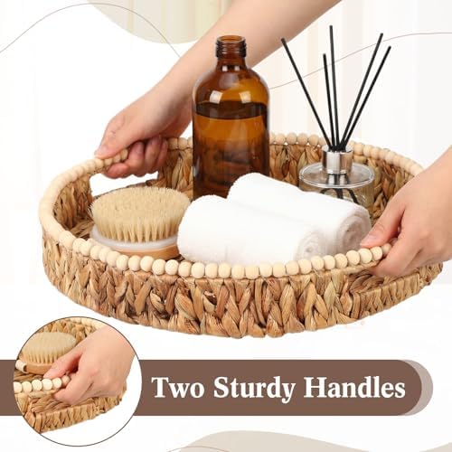 Round Wicker Tray 16'' Water Hyacinth Woven Tray with Handles Decorative Large Serving Trays for Coffee Table for Kitchen, Living Room, Bedroom Home Decor(Water Hyacinth) - Image 3