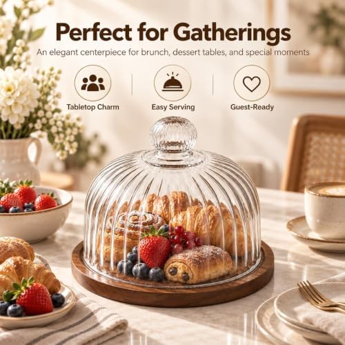 Glass Pumpkin Cloche with Wood Base, Decorative Glass Display Dome Tray - Image 2