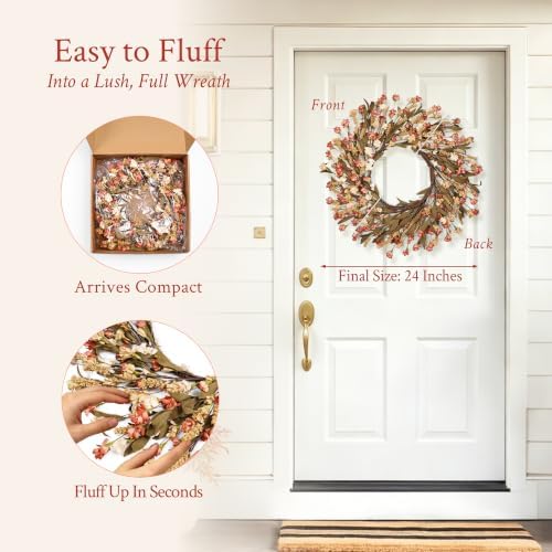24in Fall Wreaths for Front Door Handcrafted Paper Flower Wreath - Image 3