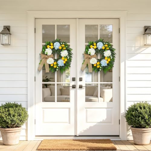 22 Inch Lemon Wreath for Front Door, Spring Summer Wreaths for Outside with Hydrangeas, Greenery and Burlap Bow, Artificial Citrus Floral Wreath for Farmhouse Porch Wall Window Kitchen Decor - Image 3