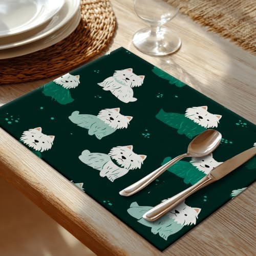 Shrahala Cute Dog in Dark Green Placemats, White Dogs Spots Table Mat Linen Burlap Washable Double-Deck Heat Insulation for Dining/Kitchen Table Set of 6 (12 X 18 Inch) - Image 2