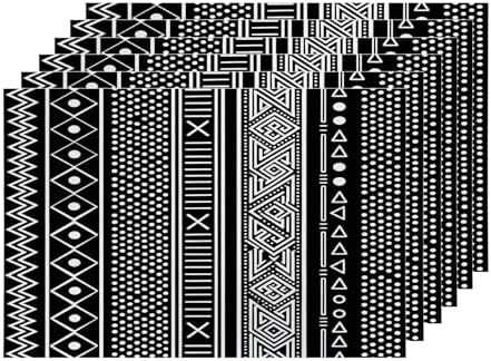 Shrahala Traditional African Geometric Placemats, Black and White Tribal Ethnic Table Mat Linen Burlap Washable Double-Deck Heat Insulation for Dining Table Kitchen Table Set of 6 (12 X 18 Inch) by Shrahala