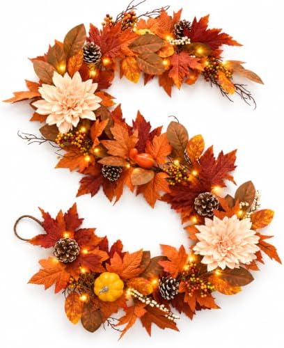 6 FT Fall Garland with Lights, Autumn Maple Leaf Garland with Pumpkins, Pine Cones and Floral Accents, Mantel Fireplace Decor for Thanksgiving, Table, Staircase and Home by vaanshie
